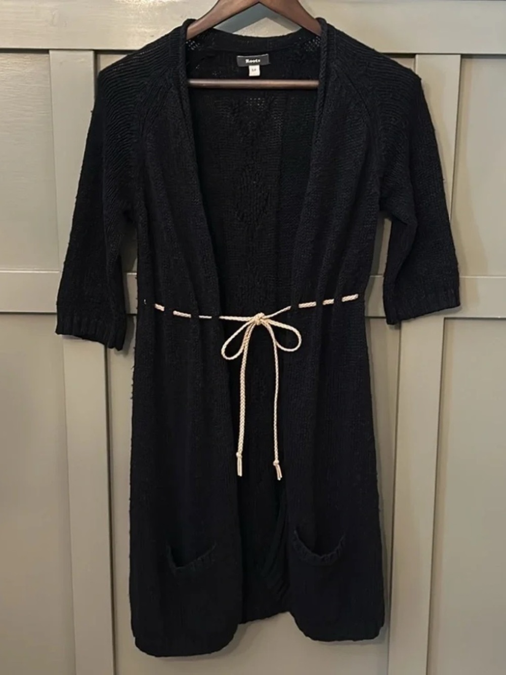 Roots Canada Longline Cardigan Sweater Black Linen Cotton Tie Front Size Small